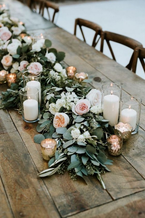 peach blush and greenery garland wedding table setting ideas