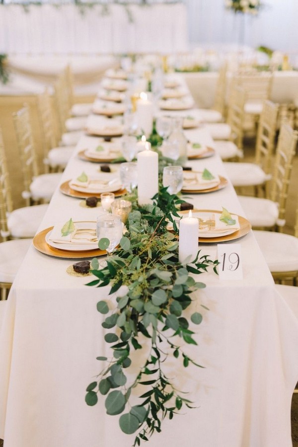 seeded eucalyptus and candles wedding garland table runner