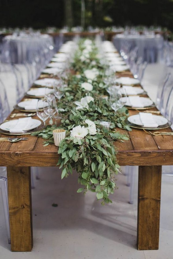 seeded eucalyptus and white flowers wedding garland centerpiece