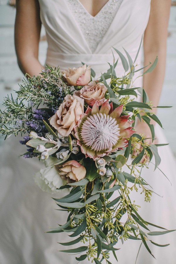 Native bouquet, king protea, lavender, gum, sweet peas