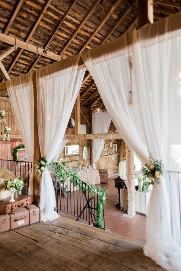 barn wedding decoration ideas with white draping