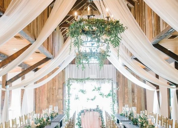 barn wedding reception ideas with ivory draping