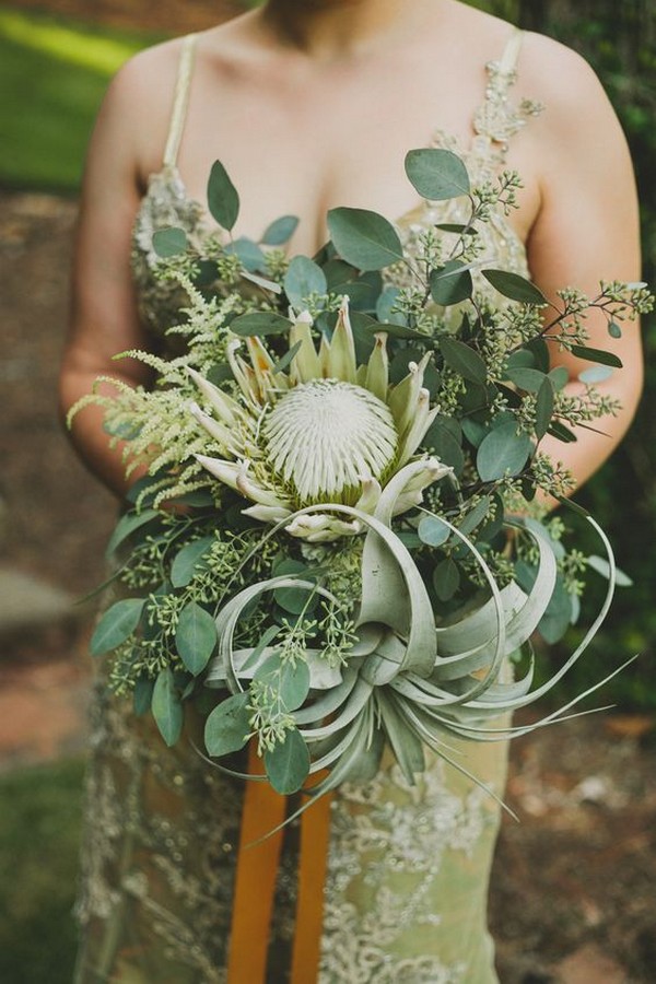 boho greenery wedding bouquet with protea
