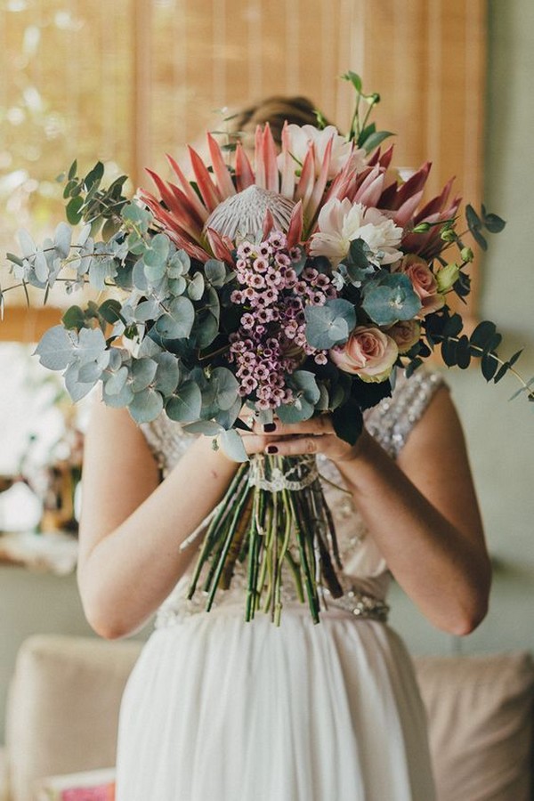boho wedding bouquet ideas with protea