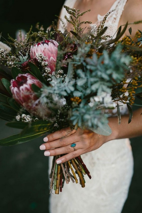 moody fall wedding bouquet ideas with proteas