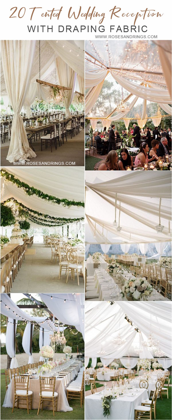 outdoor backyard tented wedding ideas - tented wedding reception with draping fabric
