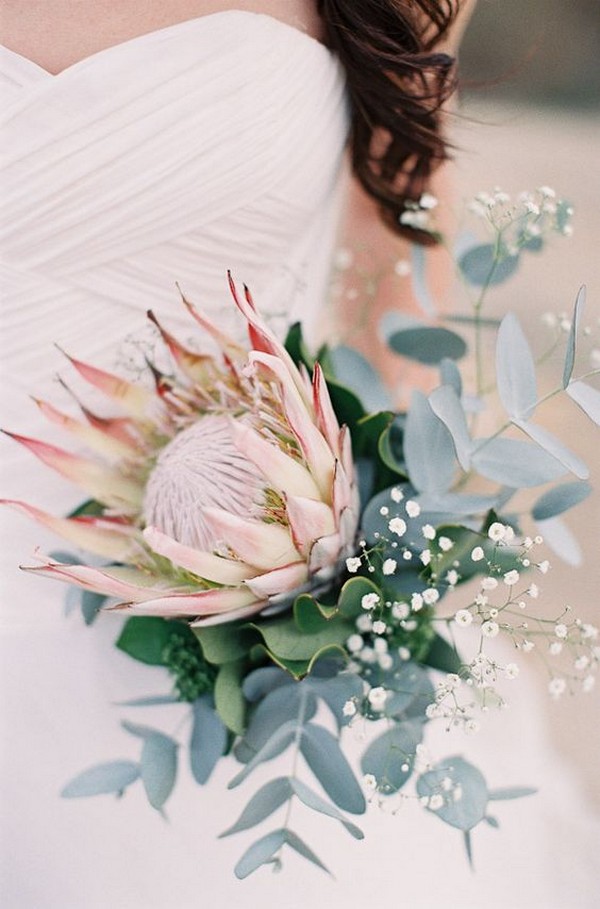 protea eucalyptus and babys breath wedding bouquet