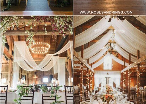 rustic country barn wedding ideas – barn wedding reception with draping fabric 2