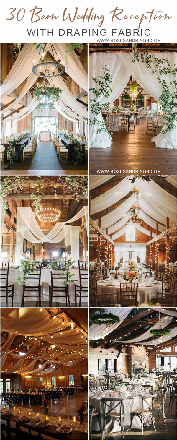 rustic country barn wedding ideas - barn wedding reception with draping fabric
