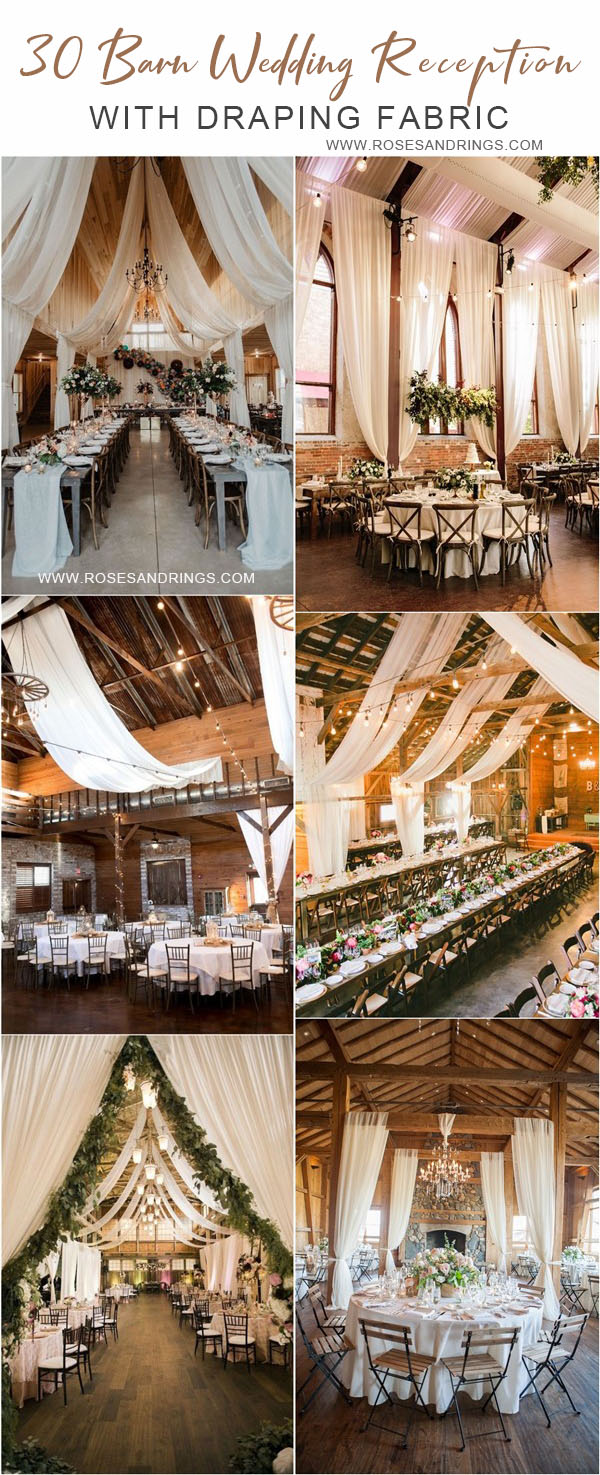 rustic country barn wedding ideas - barn wedding reception with draping fabric 