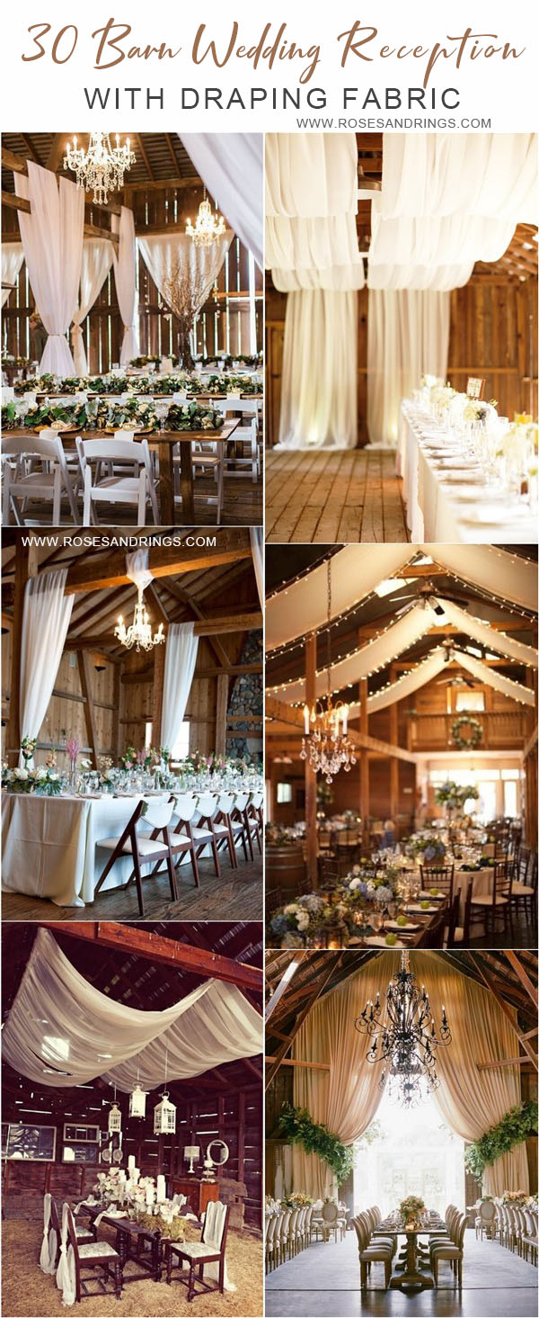 rustic country barn wedding ideas - barn wedding reception with draping fabric 