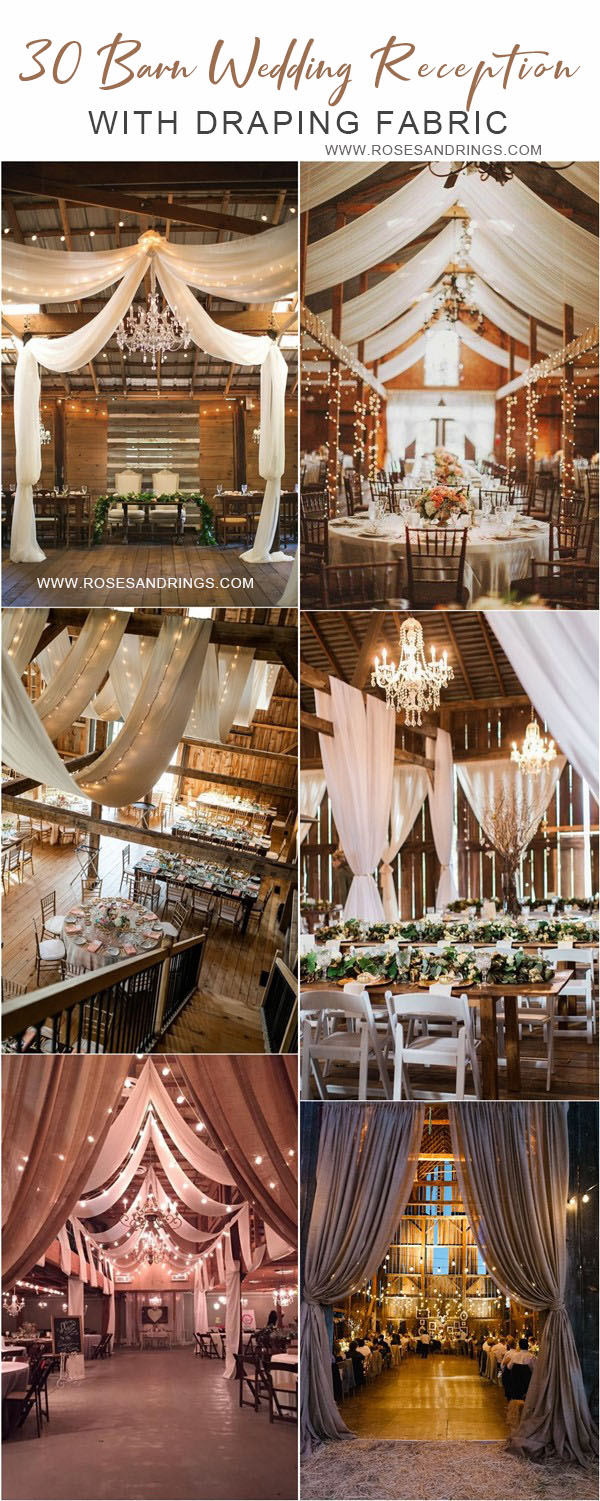 rustic country barn wedding ideas - barn wedding reception with draping fabric 