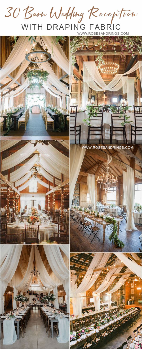 rustic country barn wedding ideas - barn wedding reception with draping fabric 