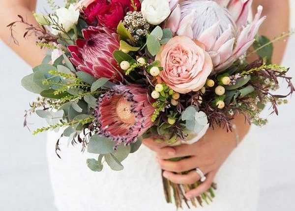 shades of pink proteas wedding bouquet