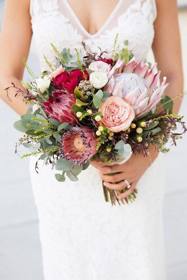 shades of pink proteas wedding bouquet