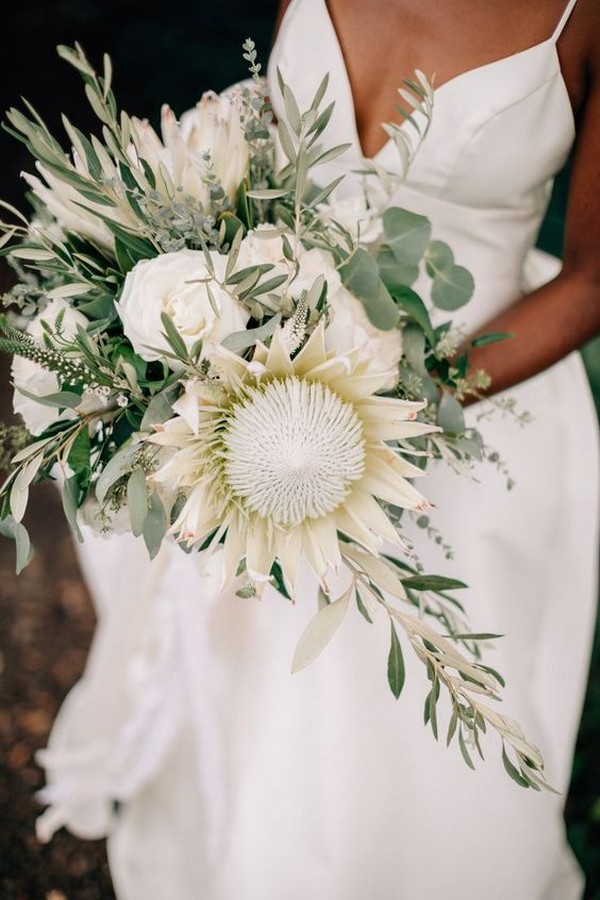 white and green wedding bouquet with protea