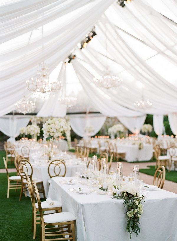 white and greenery tented wedding reception ideas