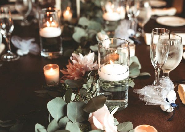 Eucalyptus Garland on table at Wedding with floating candles
