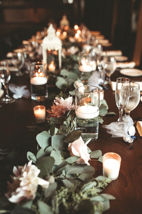 Eucalyptus Garland on table at Wedding with floating candles