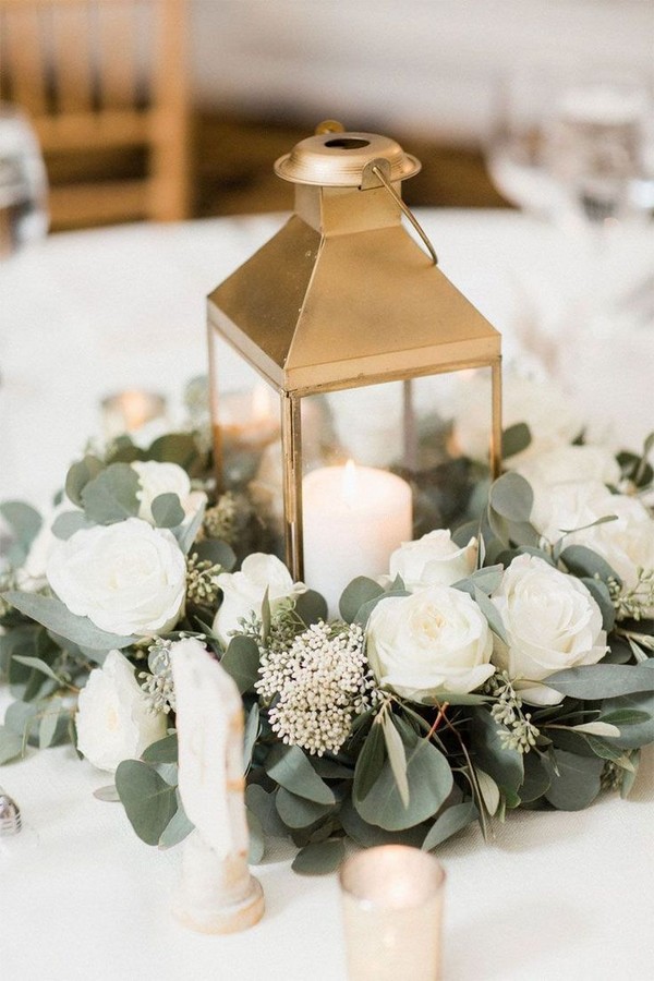 Gold lantern eucalyptus wedding centerpieces