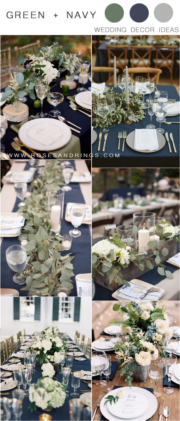 Greenery and navy blue wedding table decor ideas