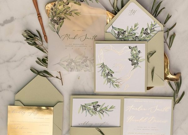 Tuscany olive branch wedding invitations gold foil geometric heart with vellum envelope