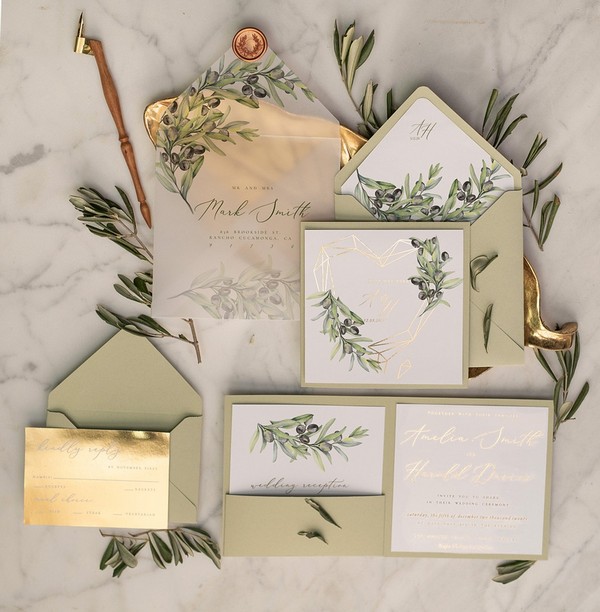 Tuscany olive branch wedding invitations gold foil geometric heart with vellum envelope