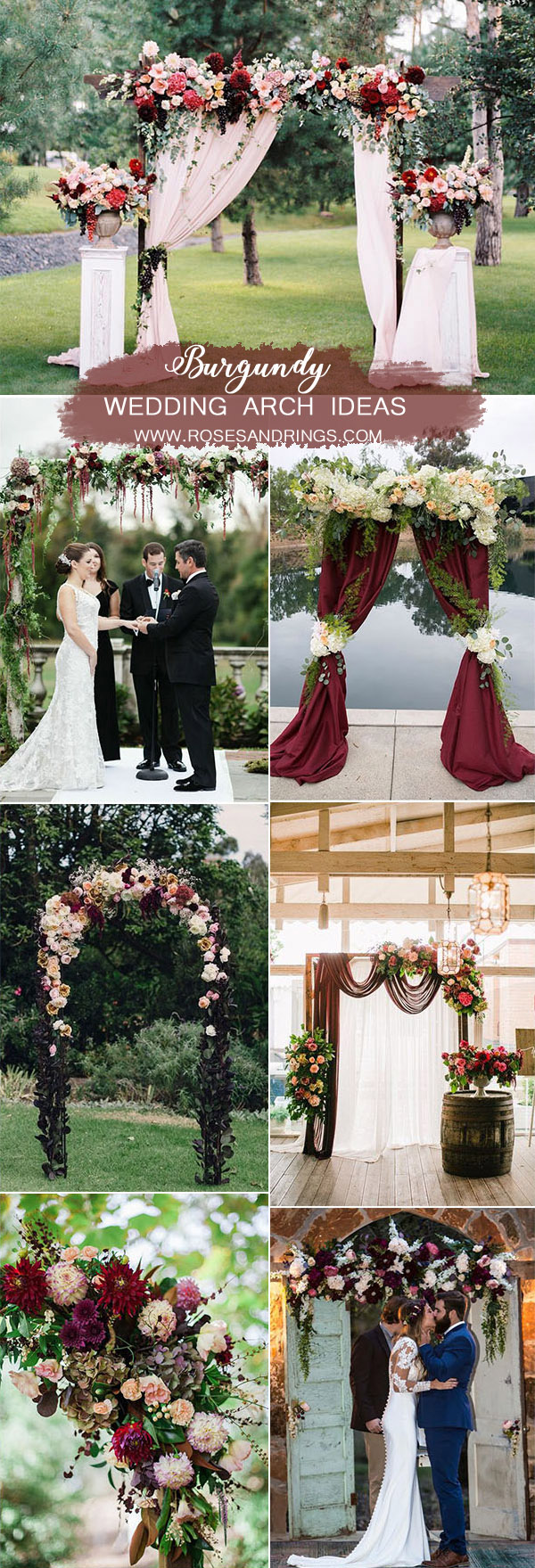 burgundy maroon and marsala wedding arch and altar ideas