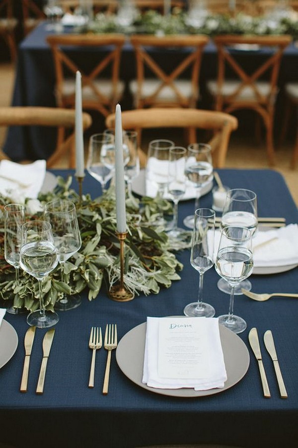 chic navy blue and greenery wedding table settings