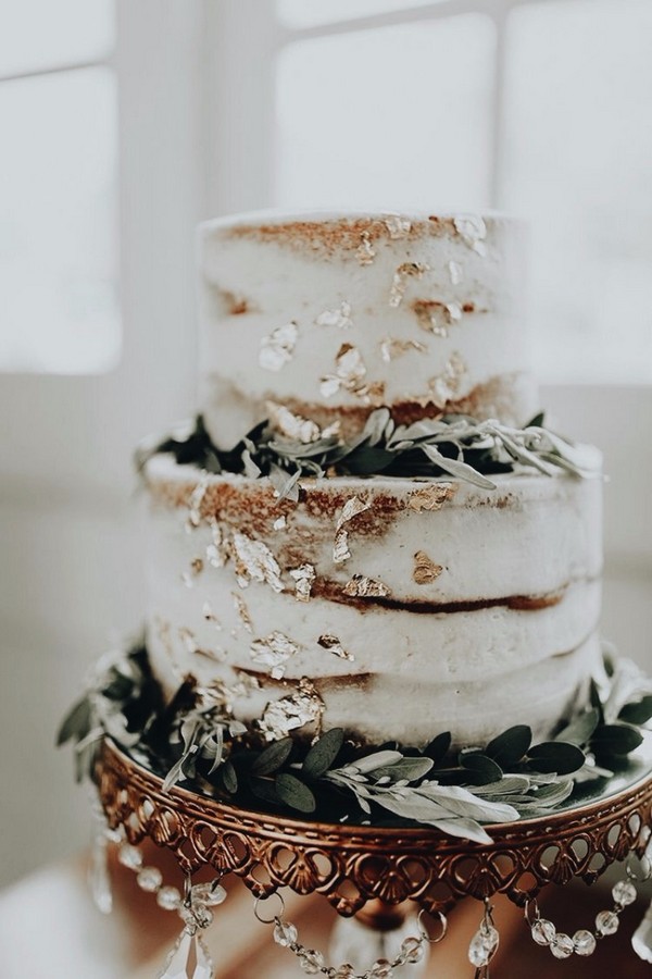 gold speckled sage green leaves decorated naked wedding cakes