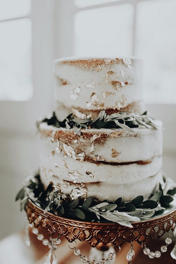 gold speckled sage green leaves decorated naked wedding cakes
