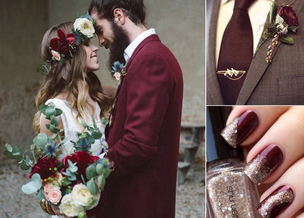 incorporate burgundy colors into your bridal makeupbridal accessories and groom attire