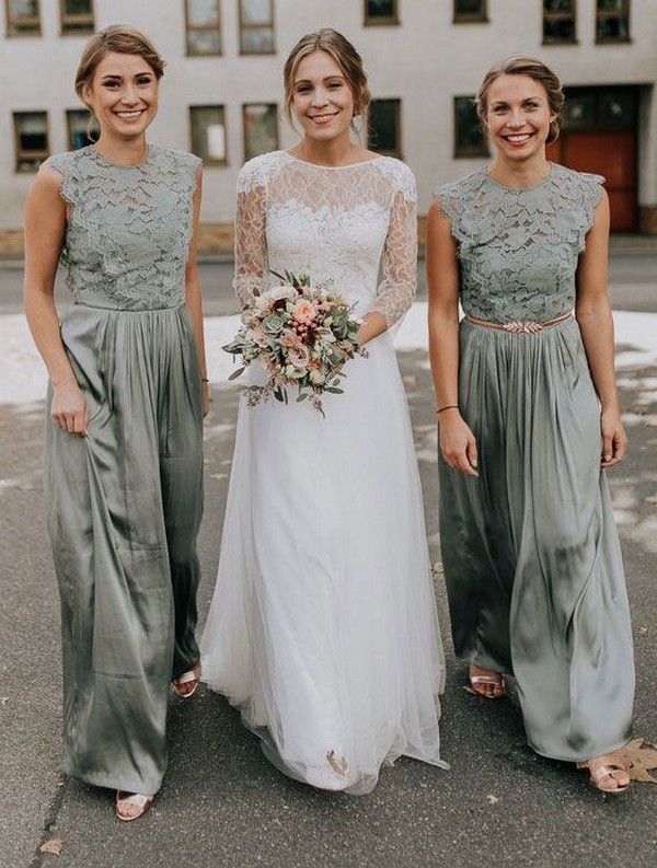 long lace sage green bridesmaid dresses