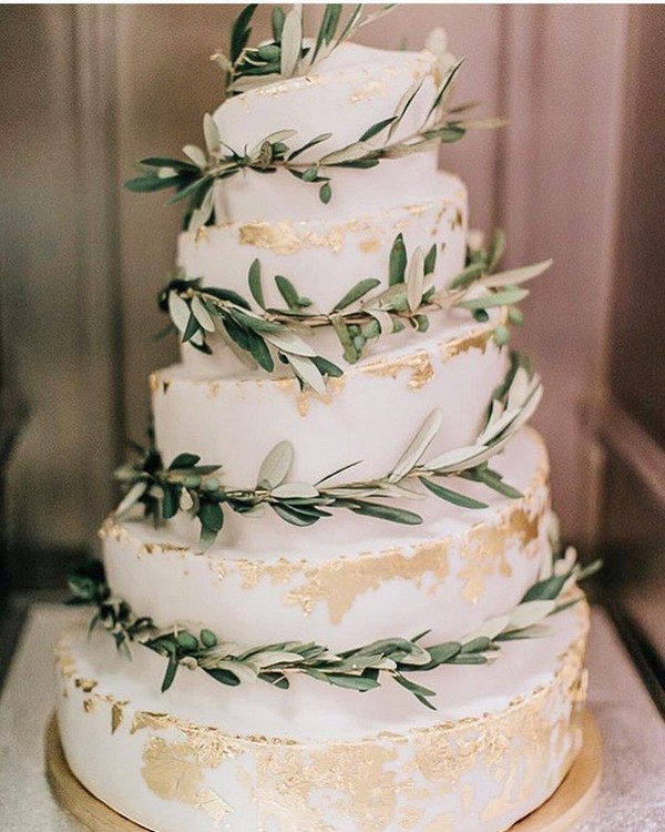 olive greenery and gold wedding cake