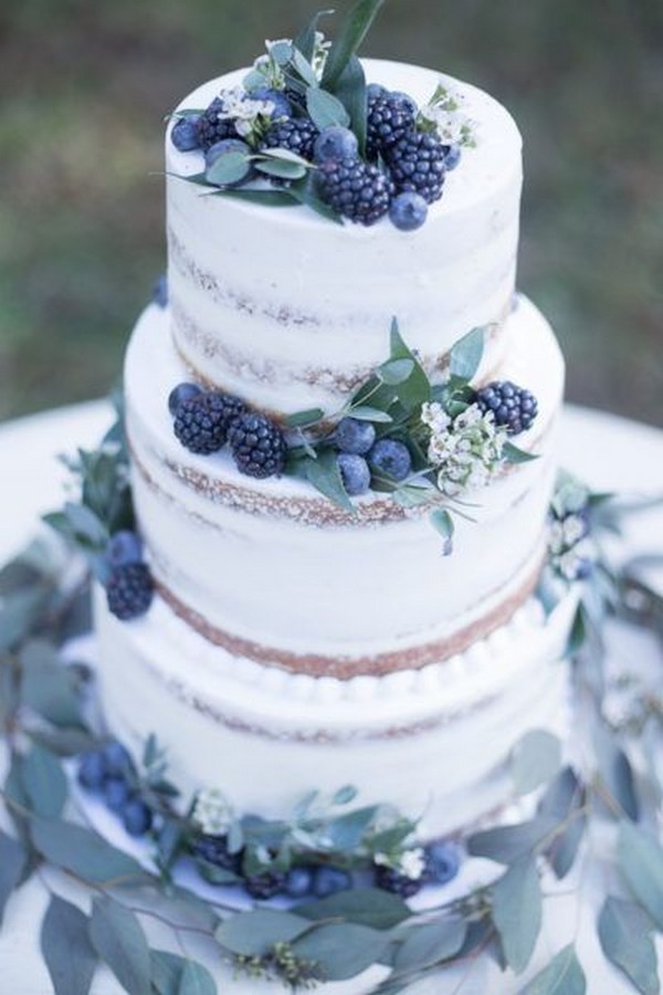 rustic naked blueberry wedding cake