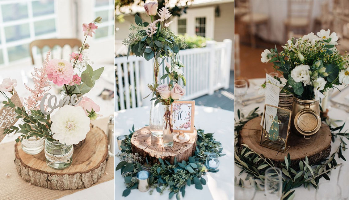 rustic tree stump wedding centerpieces