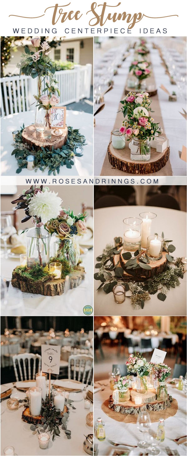 rustic tree stump wedding centerpieces