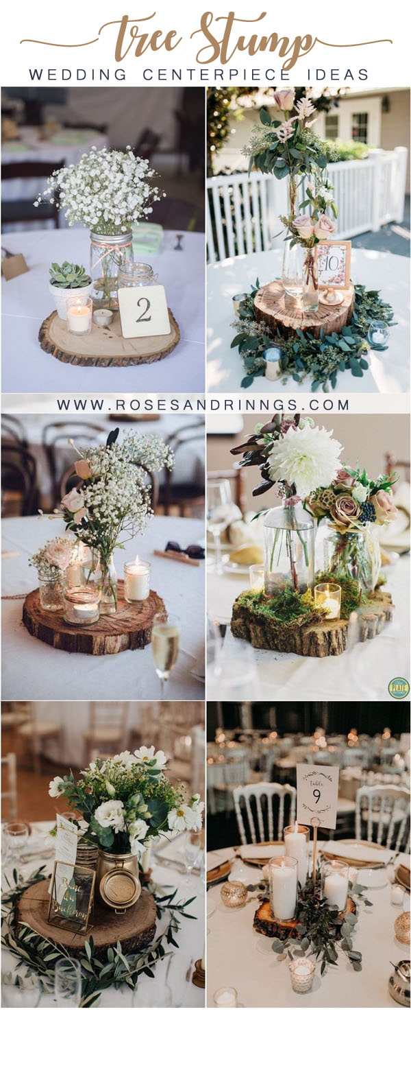 rustic tree stump wedding centerpieces