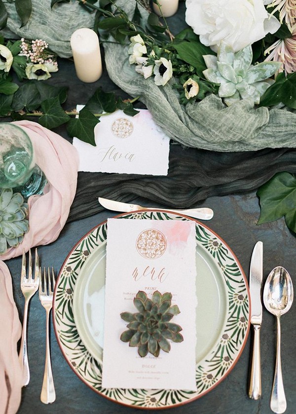 sage forest green and blush with gold wedding table setting ideas