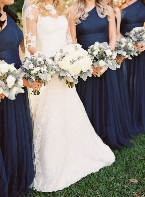single shoulder navy blue bridesmaid dresses 