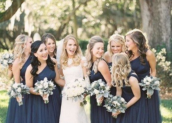 single shoulder navy blue bridesmaid dresses