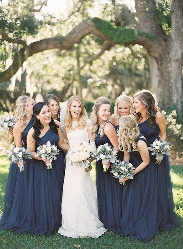 single shoulder navy blue bridesmaid dresses