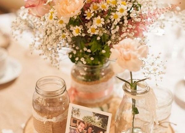 wildflowers wedding centerpiece with tree stump