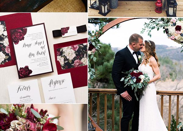 cranberry red greenery and black winter festival wedding color palette