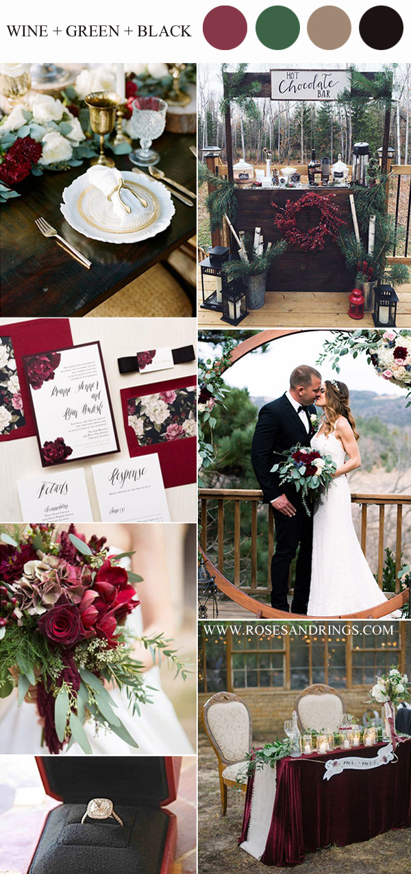 cranberry red greenery and black winter festival wedding color palette
