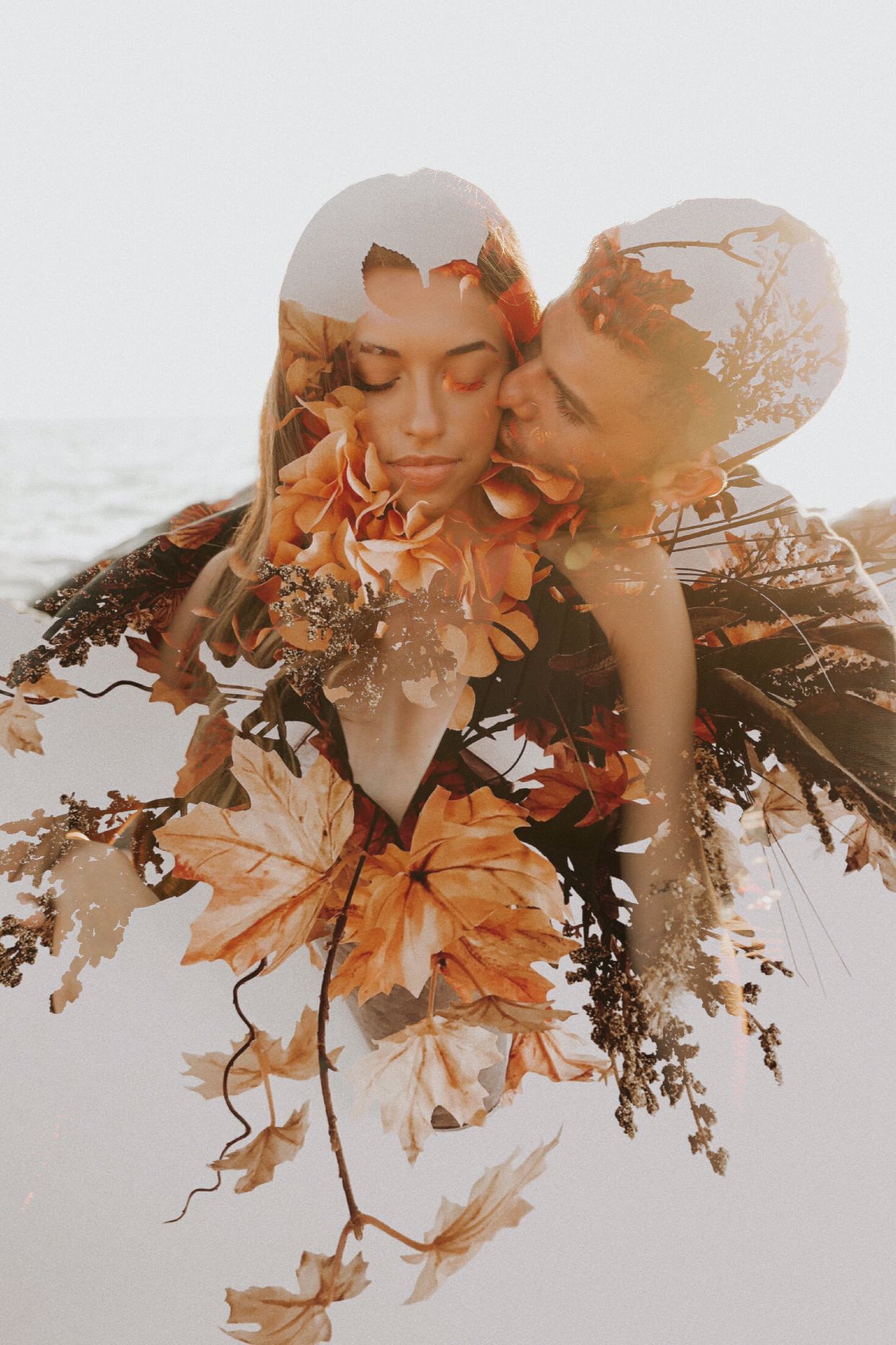 double exposure couples engagement beach and floral photoshoot