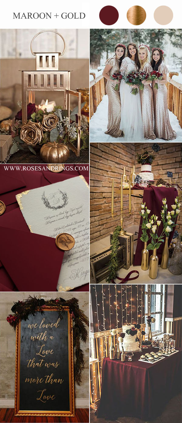 maroon red and glitter gold winter wedding color ideas