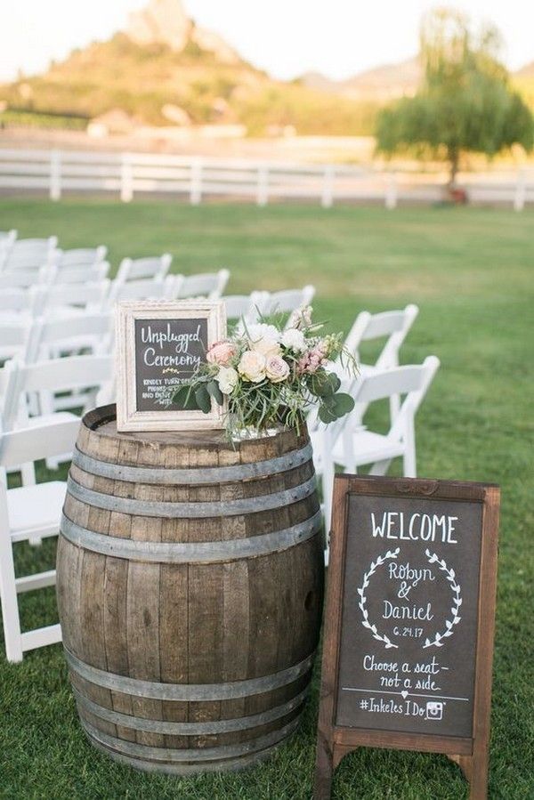 outdoor country wedding ceremony ideas with wine barrles