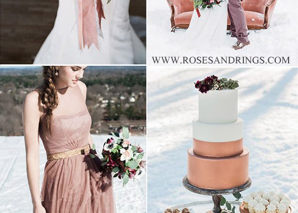 romantic dusty rose and berry tone snowy winter wedding color ideas