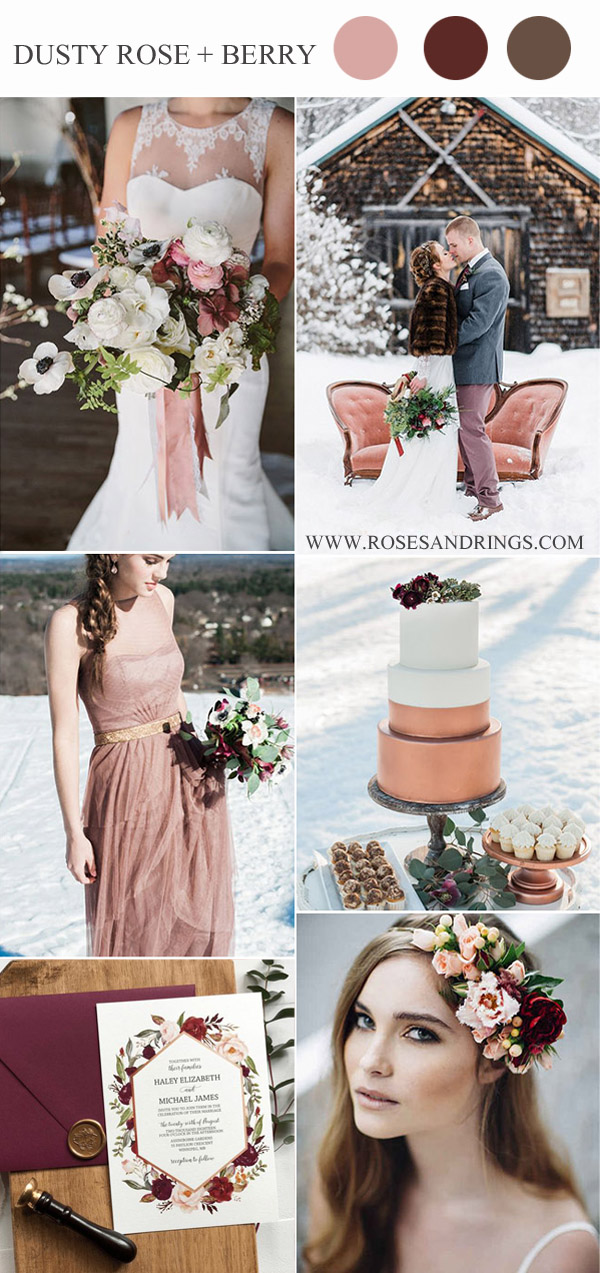 romantic dusty rose and berry tone snowy winter wedding color ideas